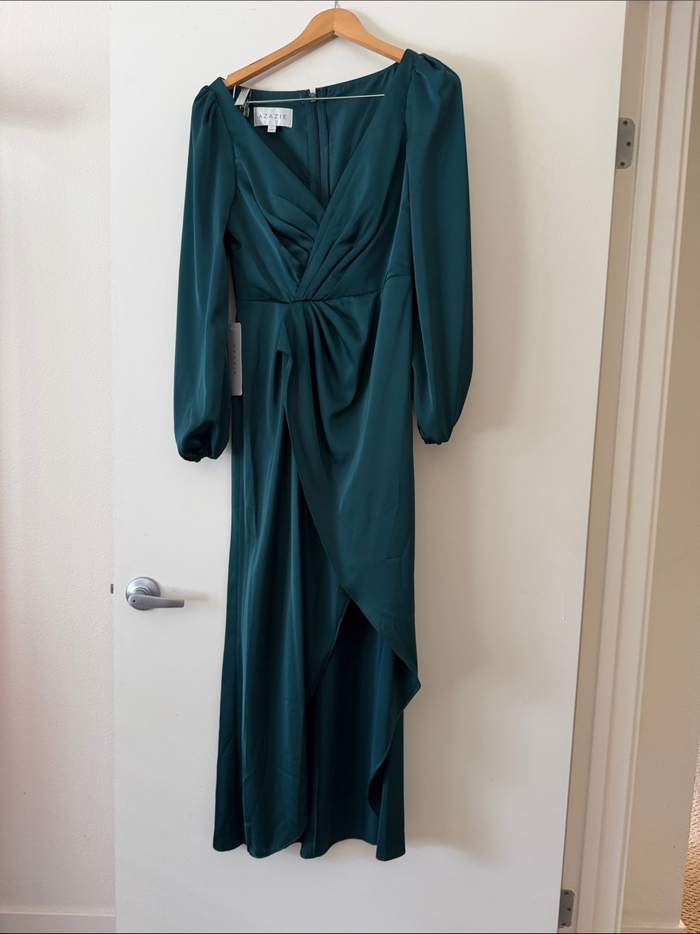 Azazie Teal Long-Sleeve Wrap Maxi Dress